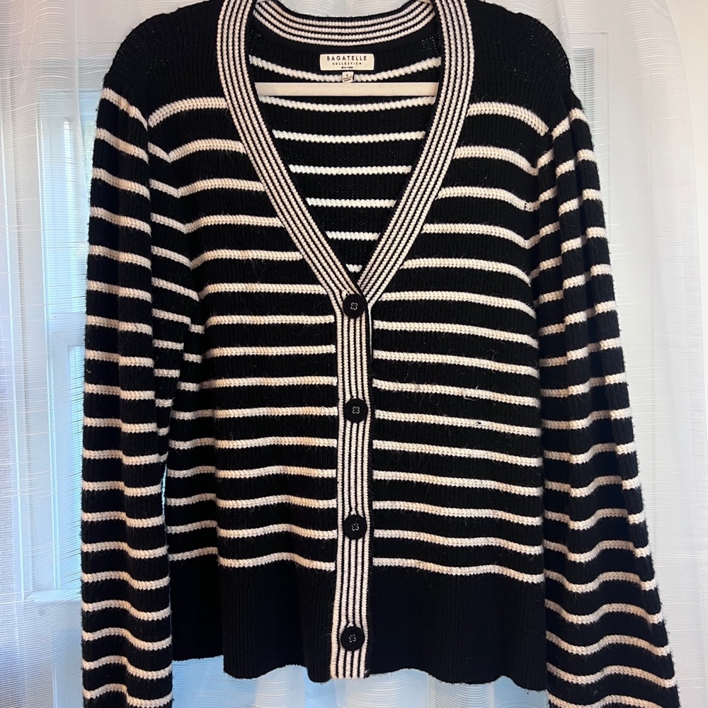 Black and White Striped Cardigan Sweater